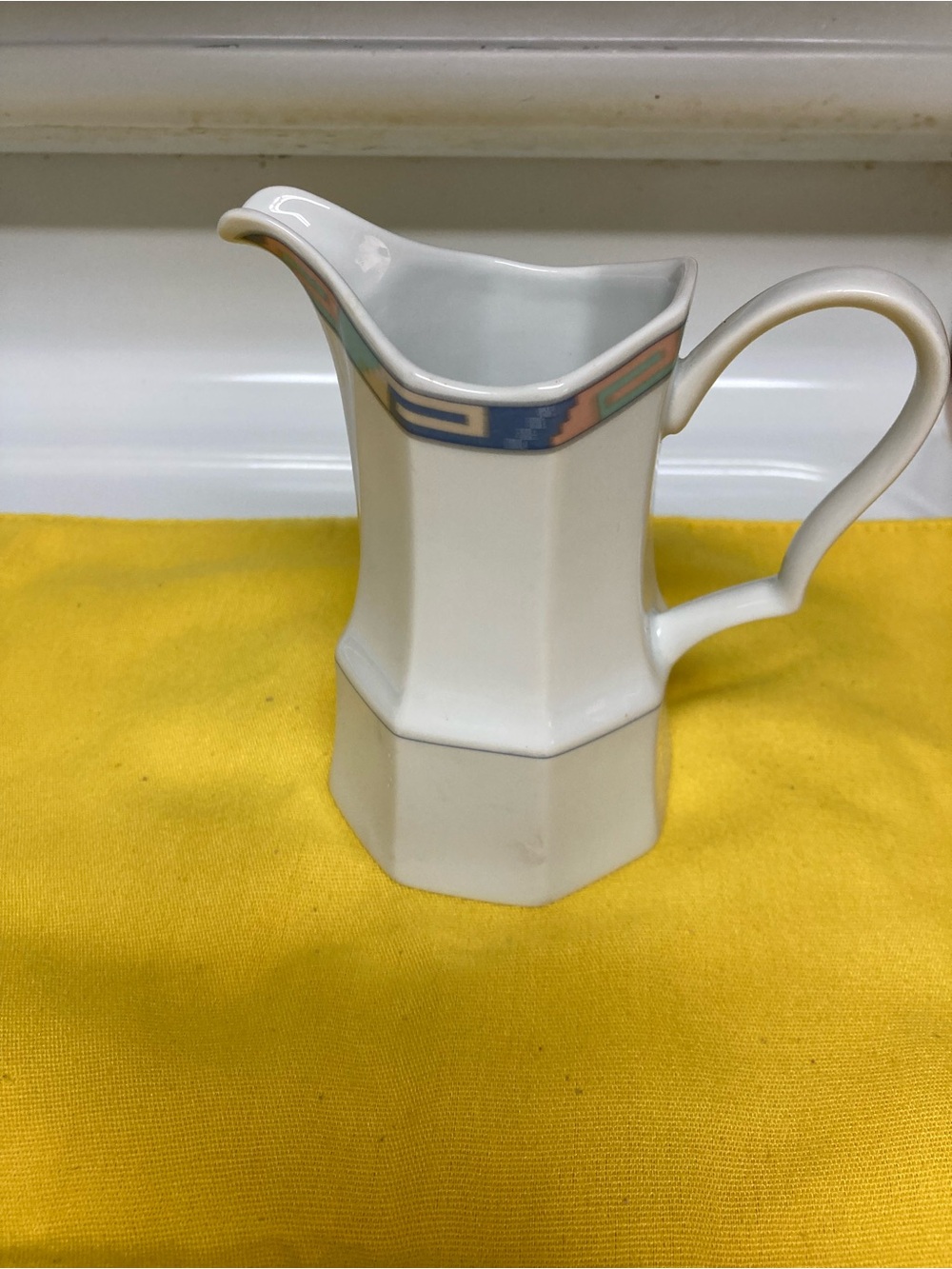 Porcelain Creamer Pitcher with Pastel Geometric Accent - White